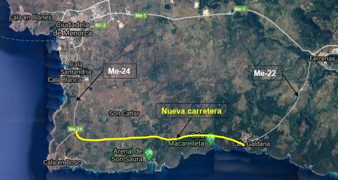 Ubicación de la nueva carretera de acceso a las calas del Sur de la Isla de Menorca.