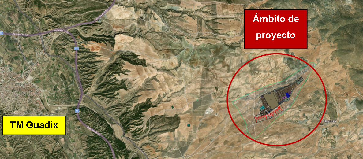 Figura 1. Ámbito de proyecto de la nueva urbanización. Se observa la A-92 en su paso por Guadix, visto en ortofoto en planta.
